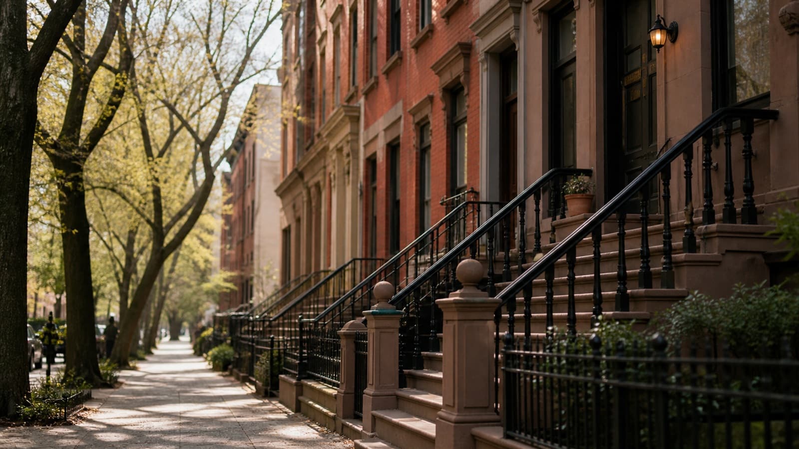 A New York residential street of low rise buildings under an open sky