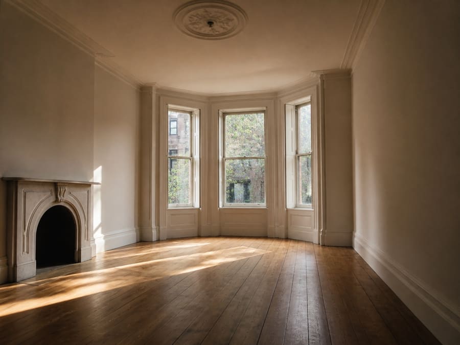 A Brooklyn brownstone parlour floor in wide plank wood