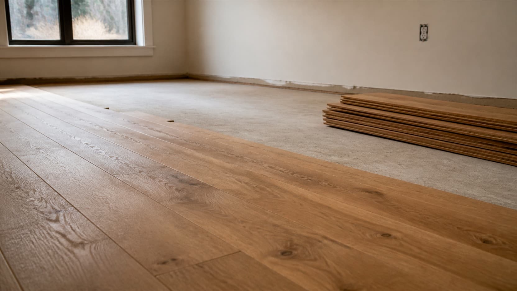 New oak boards being laid across a prepared subfloor in an empty room