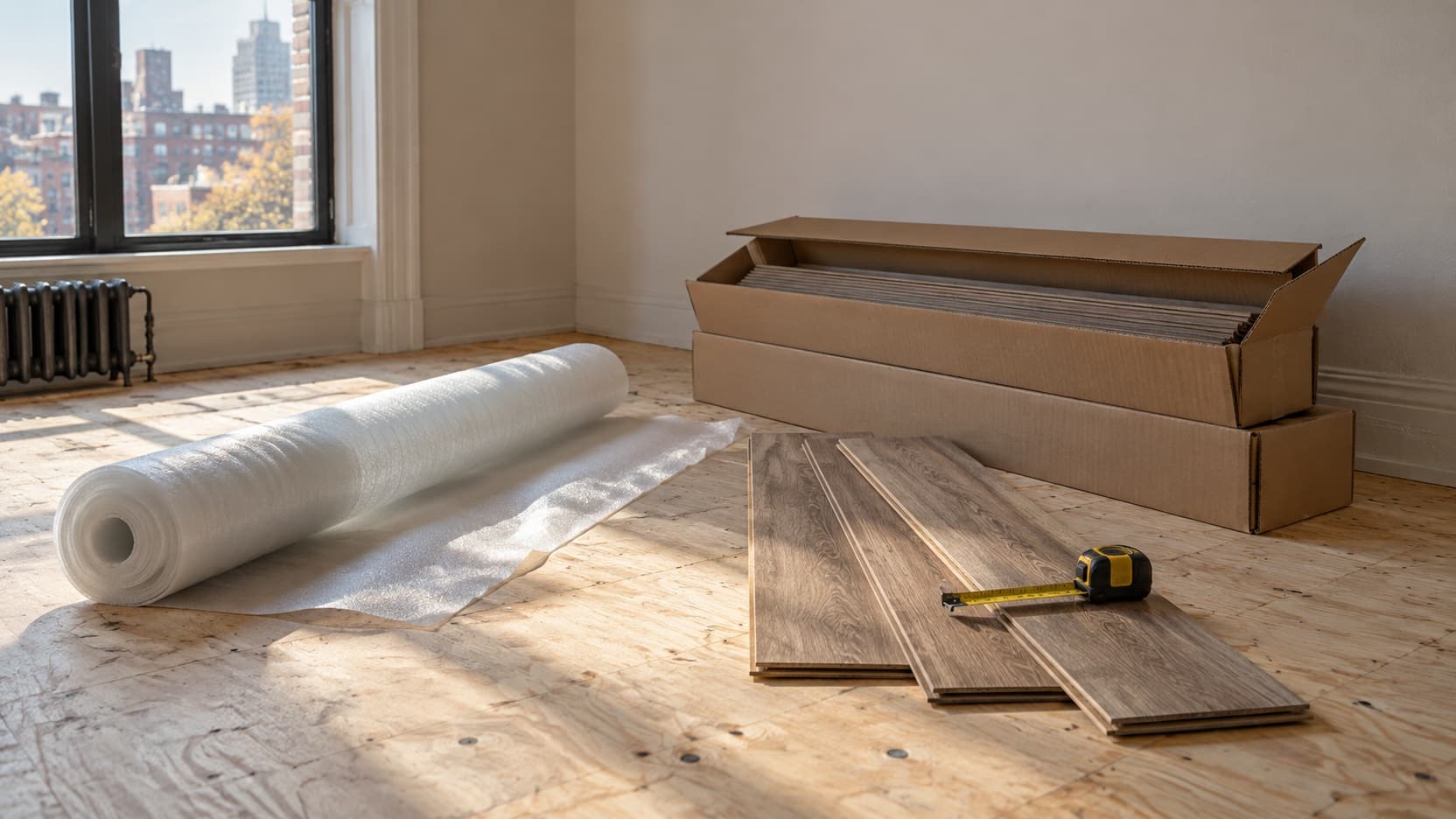 Opened boxes of laminate planks and a roll of underlay on a bare subfloor in an empty apartment room