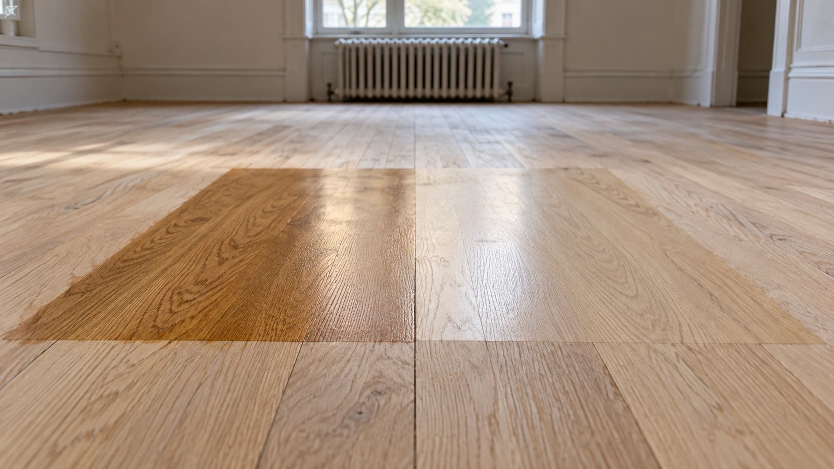Two finish samples side by side on a sanded oak floor, one warm amber and one clear, in window light