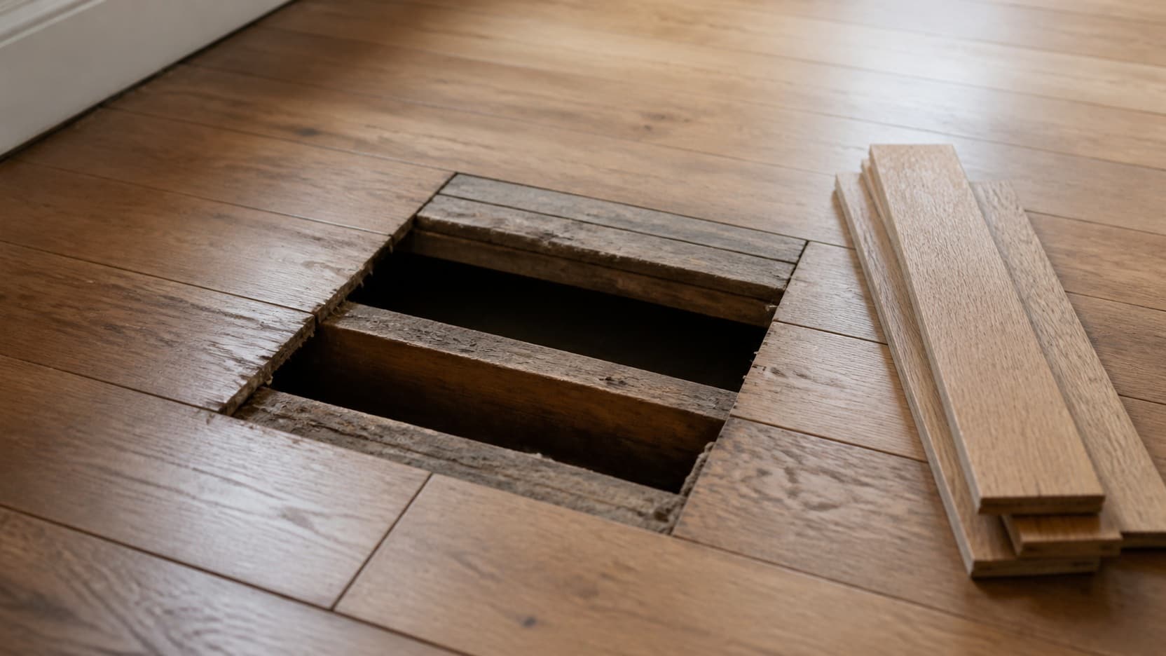 A section of damaged floorboards lifted out of an otherwise sound wood floor